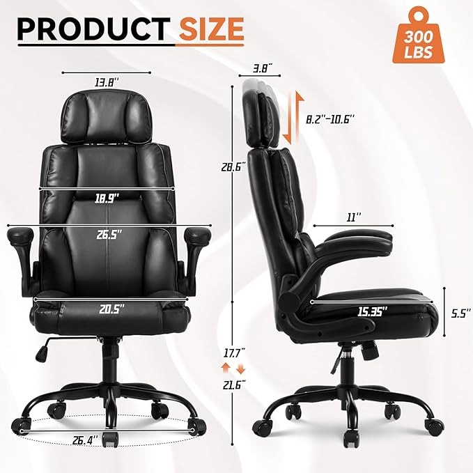 Comfortable Office Chair,Executive Leather Computer Chair with Lumbar Support,Adjustable Height & Armrests,Black