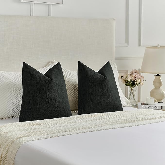 FUTEI Black Chenille Decorative Throw Pillow Covers 12x20 Inch Set of 2,Soft Cozy Faux Linen Textured Lumbar Pillow Cases,Farmhouse Home Decor for Couch Living Room