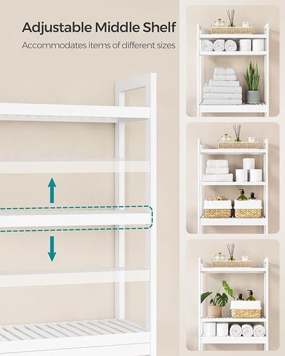 SONGMICS Over The Toilet Storage, 3-Tier Over Toilet Bathroom Organizer with Adjustable Shelf, 10.2 x 24.8 x 66.9 Inches, Space-Saving, Cloud White UBTS01WT