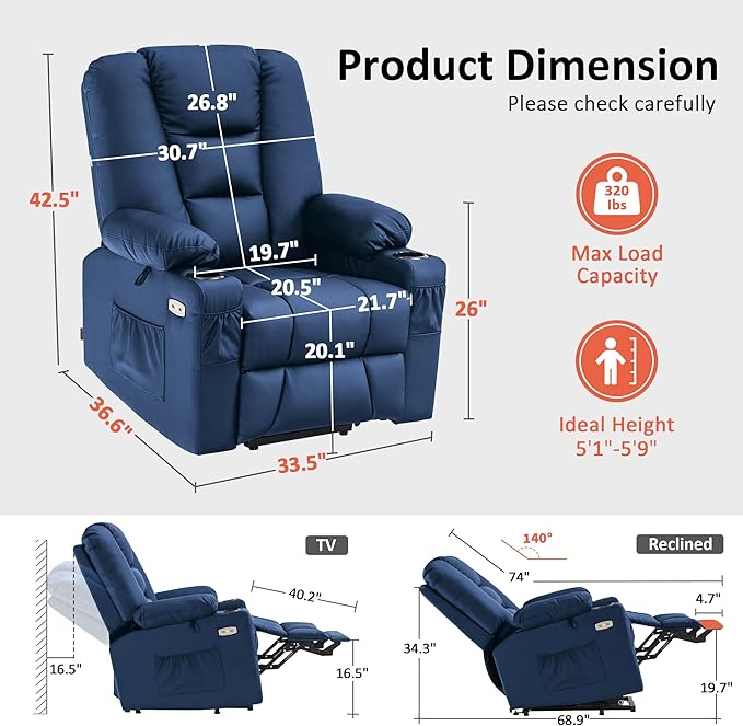 MCombo Power Lift Recliner Chair for Elderly, Lift Chair with Heat and Massage, USB Ports, Cup Holders, Faux Leather 7519 (Medium, Navy Blue)