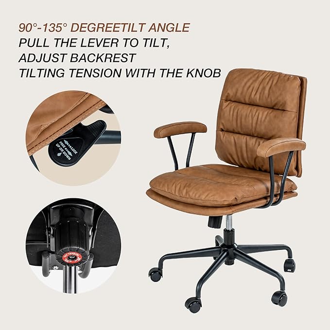 Brown Office Desk Chair, PU Leather Chair with Lumbar Support, Removable Armrests, Comfortable Adjustable Swivel Task Chair for Home, Office, Small Space,Dresser, Bedroom