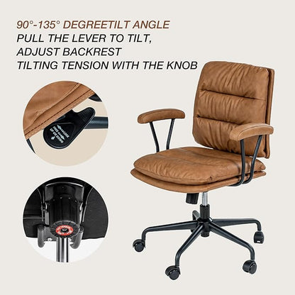 Brown Office Desk Chair, PU Leather Chair with Lumbar Support, Removable Armrests, Comfortable Adjustable Swivel Task Chair for Home, Office, Small Space,Dresser, Bedroom