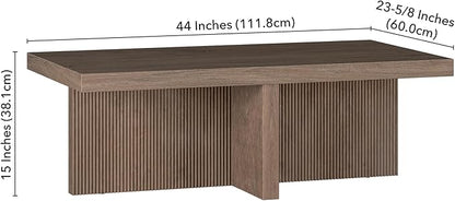 Henn&Hart 44" Fluted Rectangular Wood Pedestal Low-Profile Coffee Table for Living Room, Family Room or Office, Antiqued Gray Oak