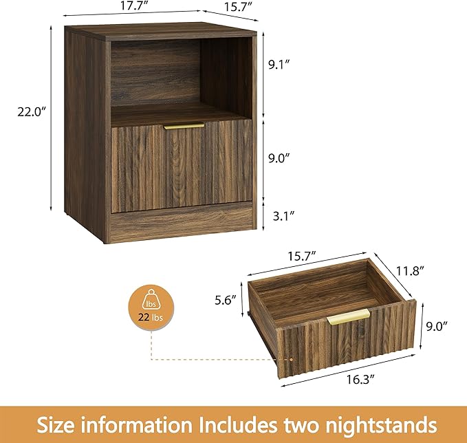 3-Piece Modern Bedroom Furniture Set, Wide 8-Drawer Dresser & 1-Drawer Nightstands Set of 2, Natural Wood Dresser and Nightstand Sets for Bedroom, Hallway, Walnut