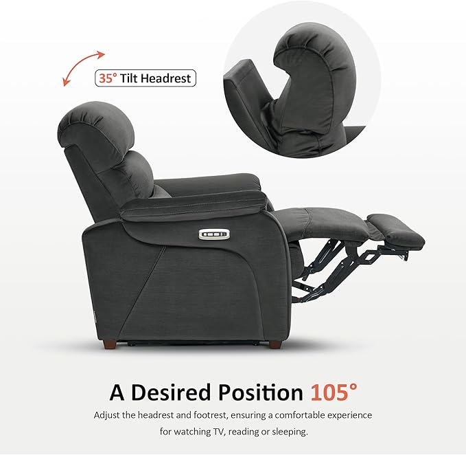 MCombo Power Zero Wall Hugger Recliner Chair for Small Space RV Living Room, Power Recliner with Adjustable Headrest, USB & USB-C Charging Ports, Fabric ST257 (Dark Grey)