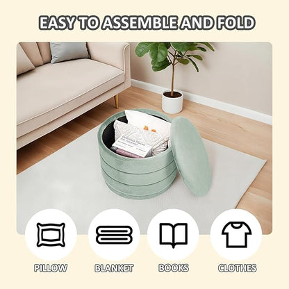 PINPLUS Large Round Velvet Storage Ottoman, Sage Upholstered Footstool with Hidden Storage, Sturdy Coffee Table Ottoman for Living Room & Bedroom