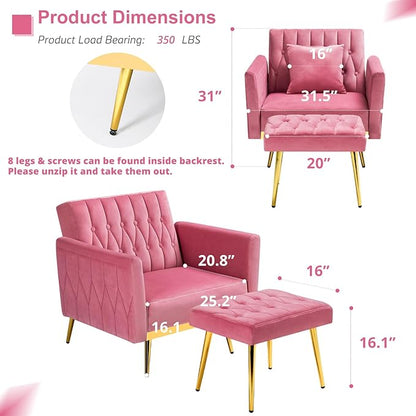 Velvet Accent Chair with Adjustable Armrests and Backrest, Button Tufted Lounge Chair, Single Recliner Armchair with Ottoman and Pillow for Living Room, Bedroom, Pink