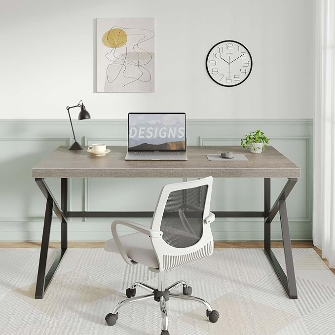 HSH Gray Computer Desk, Industrial Wood and Metal Home Office Desk, Farmhouse Rustic PC Laptop Desk for Executive Work Writing Study Gaming, Modern Simple Bedroom Computer Table, Light Grey Oak, 55 In