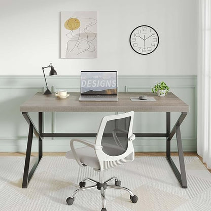 HSH Gray Computer Desk, Industrial Wood and Metal Home Office Desk, Farmhouse Rustic PC Laptop Desk for Executive Work Writing Study Gaming, Modern Simple Bedroom Computer Table, Light Grey Oak, 55 In