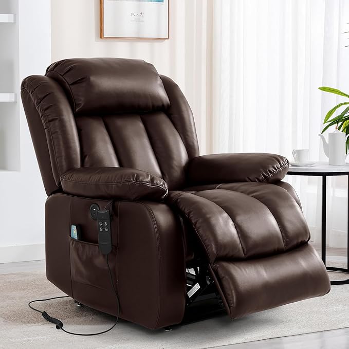 TEKAMON Dual Motor Power Lift Recliner Chair for Elderly, Breathable Leather Recliner with Heat & Massage, Lay Flat Sleeping Chairs with Infinite Position, Remote Control & USB Ports(Brown)