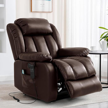 TEKAMON Dual Motor Power Lift Recliner Chair for Elderly, Breathable Leather Recliner with Heat & Massage, Lay Flat Sleeping Chairs with Infinite Position, Remote Control & USB Ports(Brown)