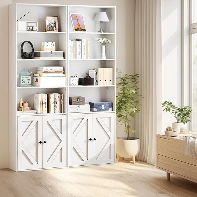 Bookshelf, 6-Tier Floor Bookcase with 2 Bottom Doors, 9.29"x23.62"x70.86", Storage Cabinet Bookshelves for Home Office, Living Room, Bedroom-White
