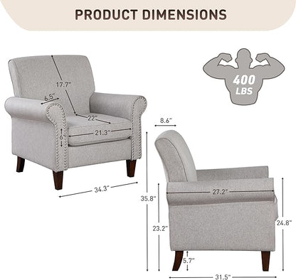 Prilinex Upholstered Living Room Chair Set of 4 - Large Comfy Fabric Accent Chair Single Sofa with Cushion, Rolled Armrest & Nailhead Trim, Mid Century Modern Armchair for Bedroom, Office, Grey