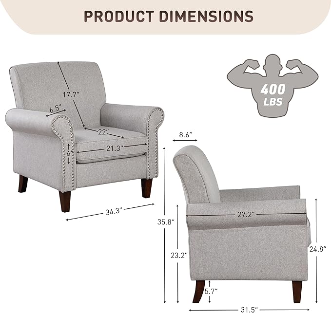 Prilinex Upholstered Living Room Chair Set of 2 - Large Comfy Fabric Accent Chair Single Sofa with Cushion, Rolled Armrest & Nailhead Trim, Mid Century Modern Armchair for Bedroom, Office, Grey