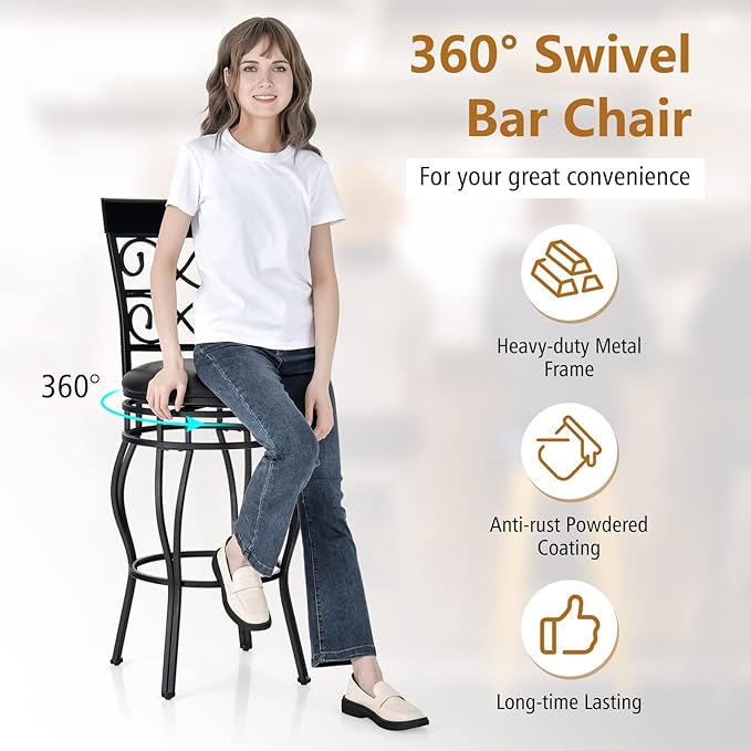 COSTWAY Bar Stools Set of 2, 360 Degree Swivel, 30" Bar Height Bar Stools, Leather Padded Seat Bistro Metal Bar Chairs with Back for Kitchen Island, Pub (Set of 2)