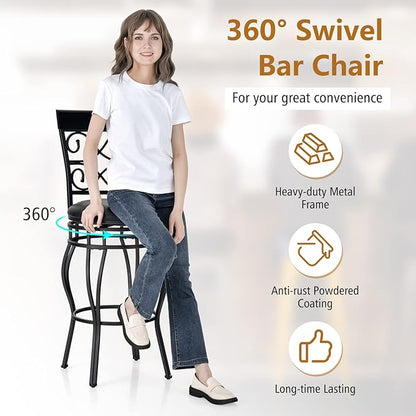 COSTWAY Bar Stools Set of 2, 360 Degree Swivel, 30" Bar Height Bar Stools, Leather Padded Seat Bistro Metal Bar Chairs with Back for Kitchen Island, Pub (Set of 2)