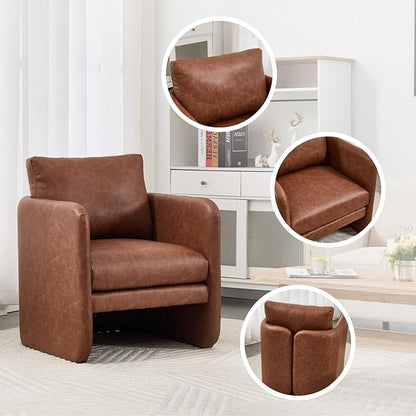 Modern Accent Barrel Chair, Single Sofa Chair with Removable Back Pillow, Comfy Pu Leather Upholstered Reading Accent Chair Lounge Armchair for Bedroom Living Room, Brown