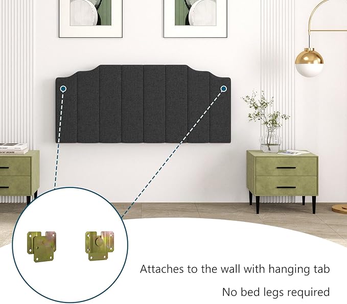 Queen Size Headboard Only, Linen Wall Mounted Headboard Queen/Full Size for Adjustable Bed, Modern Vertical Channel Design with Curved Tufted Upholstered Head Board, Dark Gray