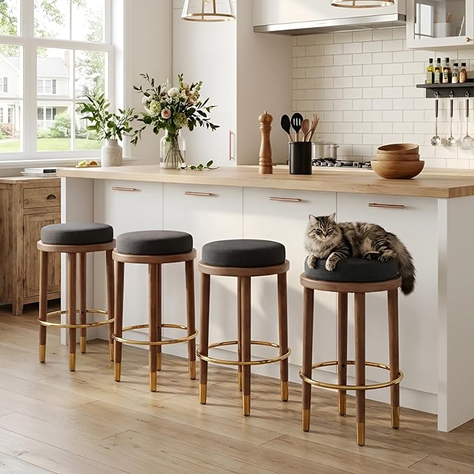 26'' Rustic Backless Bar Stools Set of 2, Counter Height Chairs With Hardwood Legs, Round Kitchen Island Stools, Farmhouse Charcoal Linen Upholstered Wood With Footrest