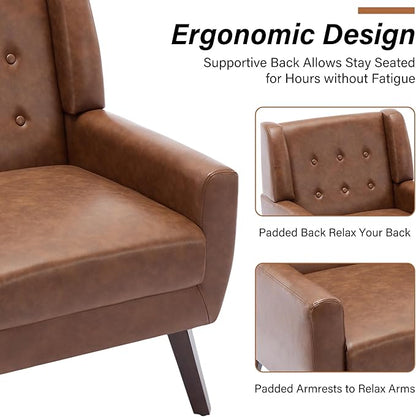 Lumibee Accent Chair, Modern Faux Leather Armchair for Living Room, Comfy Upholstered Arm Chair Tufted for Indoor Bedroom Office Room (P Coffee)