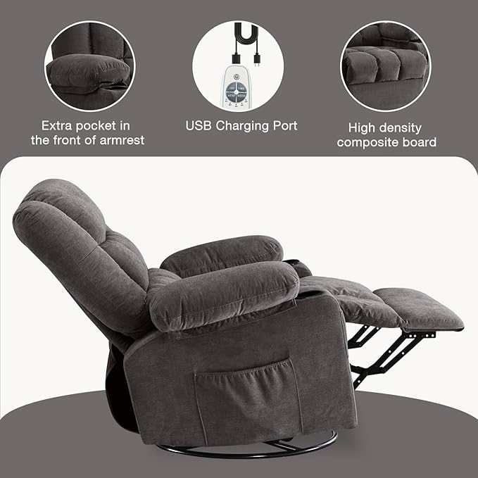 BOSMILLER Massage Swivel Rocker Recliner Chair with Vibration Massage and Heat Ergonomic Lounge Chair for Living Room with Rocking Function and Side Pocket, 2 Cup Holders, USB Charge Port