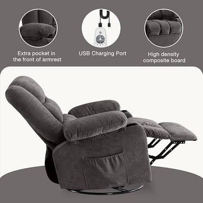 BOSMILLER Massage Swivel Rocker Recliner Chair with Vibration Massage and Heat Ergonomic Lounge Chair for Living Room with Rocking Function and Side Pocket, 2 Cup Holders, USB Charge Port