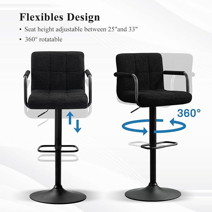 Furniliving Adjustable Bar Stools with Armrest, Square Back Sherpa Fabric Hydraulic Kitchen Counter Bar Stool, Luxurious Swivel Double Stitching Bar Chairs,Set of 2