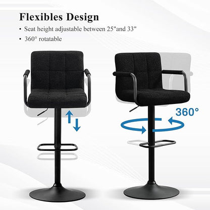 Furniliving Adjustable Bar Stools with Armrest, Square Back Sherpa Fabric Hydraulic Kitchen Counter Bar Stool, Luxurious Swivel Double Stitching Bar Chairs,Set of 2
