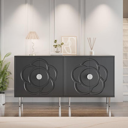 TOLEAD Storage Cabinet, Modern Sideboard Buffet Cabinet with Decorative Flower Pattern Doors, Accent Sideboard Cabinet for Living Room, Kitchen, Grey