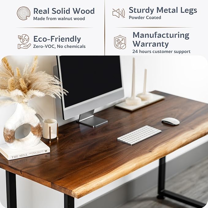 Solid Walnut Wood Computer Desk – Live Edge Wooden Home Office Desk with Sturdy Metal Legs – Handmade Real Wood Table for Work, Study, or Gaming - 48” x 27”