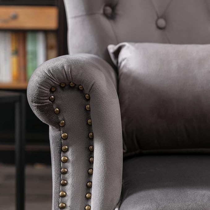 Accent Reading Arm Chairs Set of 2 for Living Room Bedroom, Midcentury Modern Comfy Corner Sofa Chair, Wingback Waiting Room Club Chair with Button Tufted Back &Lumbar Pillow, Velvet Grey
