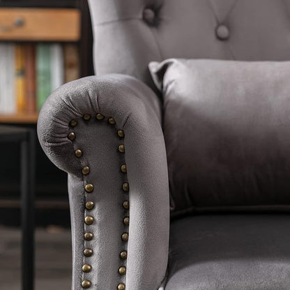 Accent Reading Arm Chairs for Living Room Bedroom, Midcentury Modern Comfy Corner Sofa Chair, Wingback Waiting Room Club Chair with Button Tufted Back &Lumbar Pillow, Velvet Grey