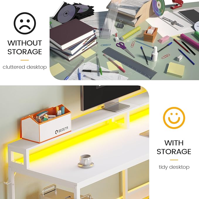 SEDETA White L Shaped Gaming Desk, 66" Home Office Desk with Wood File Drawer, Power Outlet and Led Lights, Corner Computer Desk with Monitor Shelf, Printer Storage Shelves, for Two Person