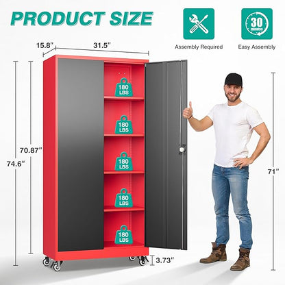 SISESOL 75" Tall Metal Storage Cabinet with Wheels,Rolling Garage Storage Cabinet with Lock,Red Metal Cabinets on Wheels,Locking Tool Cabinets on Wheel for Garage,Home,Office,Shop