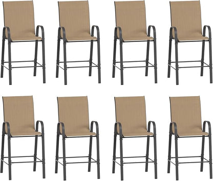 Amopatio Outdoor Bar Stools Set of 8, Bar Hight Patio Chairs, Sturdy High Back Outdoor Bar Chairs, All-Weather Textile Patio Bar Stools for Backyard, Porch, Balcony, Brown