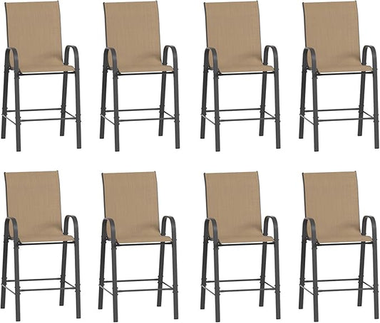 Amopatio Outdoor Bar Stools Set of 8, Bar Hight Patio Chairs, Sturdy High Back Outdoor Bar Chairs, All-Weather Textile Patio Bar Stools for Backyard, Porch, Balcony, Brown