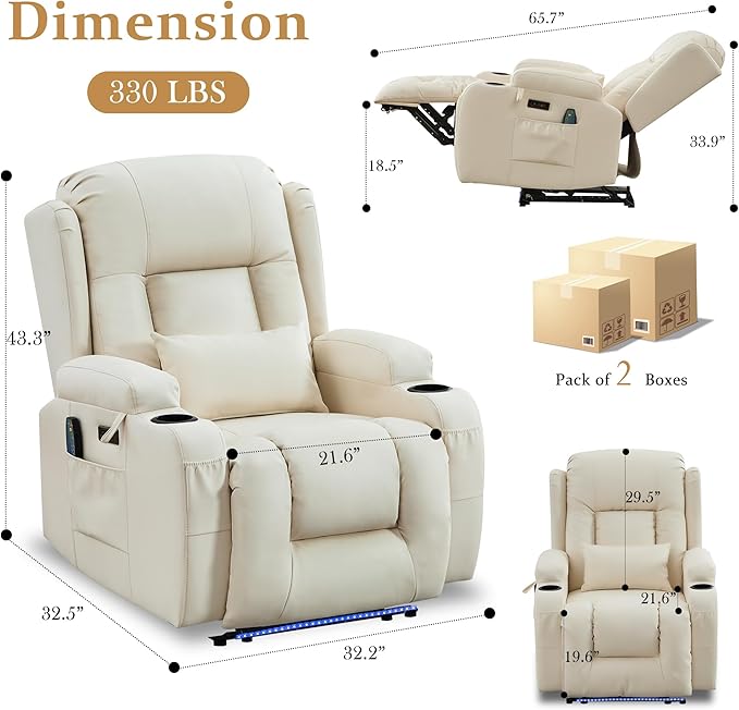 URRED Power Recliner Chair with Massage and Heat for Adults, Electric Reclining Sofa Home Theater Seating with Ambient Light, USB Ports, Cup Holders, Side Pockets, Pillow, Faux Leather (Beige)