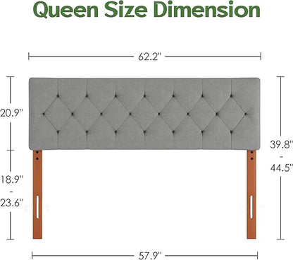 Upholstered Headboard King Size Only for Bed Frame from 65”-78”, Adjustable Height Headboards King with Durable Leg, Fabric Bed Head Board in Modern Button Design, Light Grey