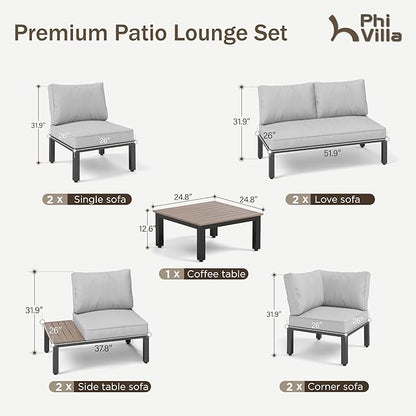 PHI VILLA 9 Pieces Outdoor Patio Furniture Set,Metal Frame Modern Outdoor Sectional Sofa Set,10 Seats Patio Conversation Sets with Coffee Table&Thickened Cushion,for Poolside and Backyard,Light Grey