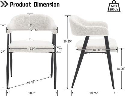 HNY Modern Dining Room Arm Chairs Set of 6, Faux Sherpa Boucle Upholstered Barrel Dining Chairs with Arms Mid-Century White Accent Chair with Metal Legs, Open-Back Kitchen Side Chair for Living Room