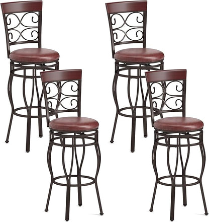 Giantex 30" Swivel Bar Stools Set of 4, Bar Height Bar Stools w/Back, Upholstered PU Leather Seat, Footrest, Max Load 330Lbs, Vintage Metal Barstools for Kitchen Island, Dining Room, Rustic Brown