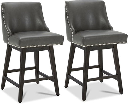 CHITA Counter Height Swivel Bar Stools Set of 2, FSC Certified Upholstered Counter Stools, Modern Swivel Barstools with Wood Legs for Kitchen Island, 26" Seat Height, Faux Leather in Retro Grey