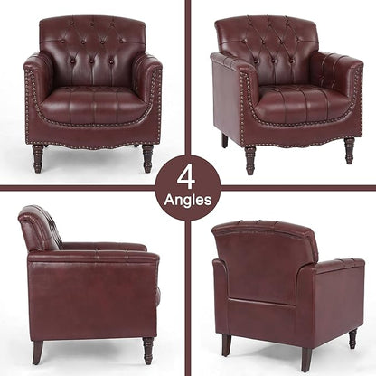 Lumibee Faux Leather Armchair, Contemporary Accent Chair with Nailhead Trims & Wood Legs for Living Room, Upholstered Comfy Arm Chair for Office,Bedroom-Dark Red