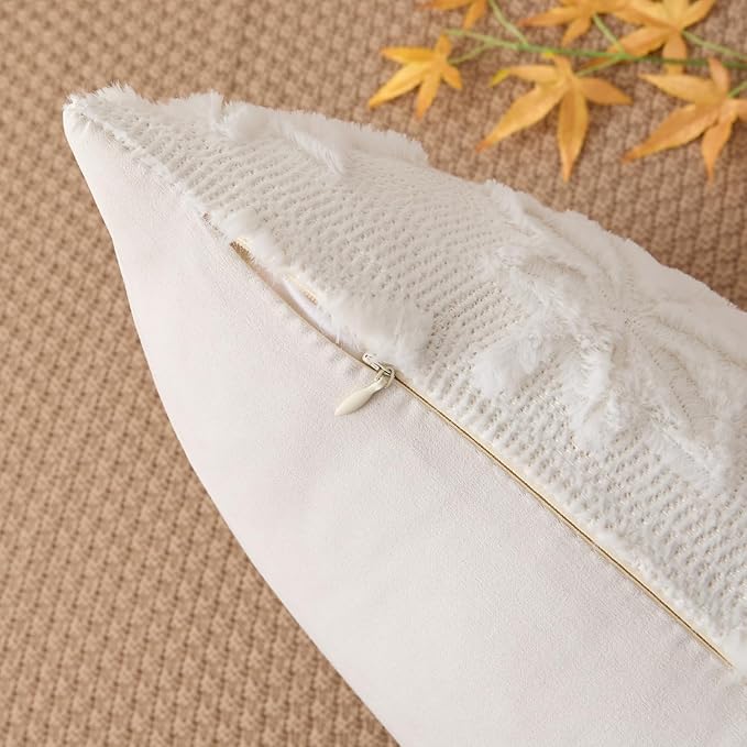 Kevin Textile Maple Leaf Pillow Covers 18x18 Inch Set of 2 Fallen Leaves Embroidery Decor Soft Plush Faux Fur Throw Pillows Pillowcases for Holiday Harvest Decor Sofa Couch Bedroom, Cream White