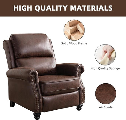 Push Back Recliner Chair Faux Leather Lounge Armchair with Rivet Decoration Wingback Single Sofa Chair with Padded Seat Solid Wood Legs for Living Room, Comfy Upholstered, Red Brown