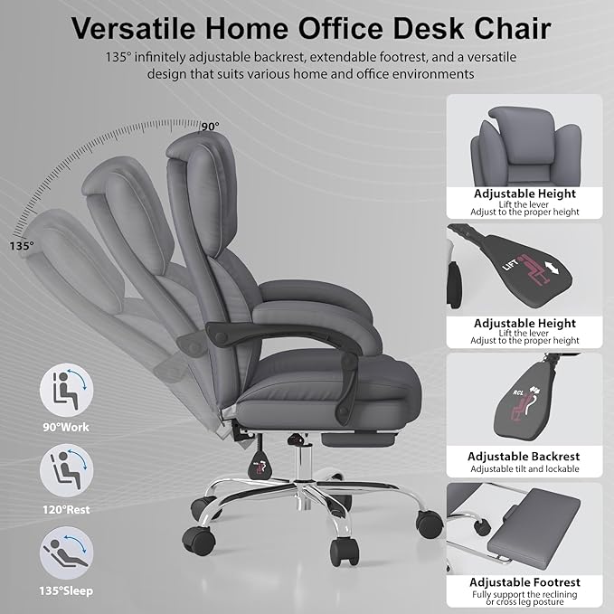 Big and Tall Office Chair, Executive Home Office Desk Chair, Leather Computer Chair with Retractable Footrest, Adjustable Headrest and Reclining Height, Padded Arms, 360°Swivel Free, Wide Seat, Gray
