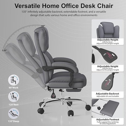 Big and Tall Office Chair, Executive Home Office Desk Chair, Leather Computer Chair with Retractable Footrest, Adjustable Headrest and Reclining Height, Padded Arms, 360°Swivel Free, Wide Seat, Gray