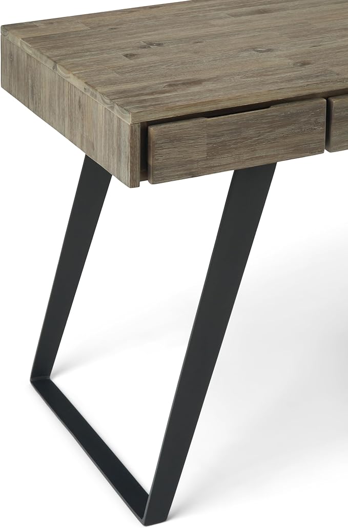 SIMPLIHOME Lowry Desk - 54-Inch Wide Solid Acacia Wood and Metal Writing Desk in Distressed Grey, Modern Industrial Home Office Computer Table with 2 Drawers and Flip-Down Keyboard Tray