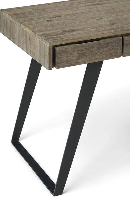 SIMPLIHOME Lowry Desk - 54-Inch Wide Solid Acacia Wood and Metal Writing Desk in Distressed Grey, Modern Industrial Home Office Computer Table with 2 Drawers and Flip-Down Keyboard Tray
