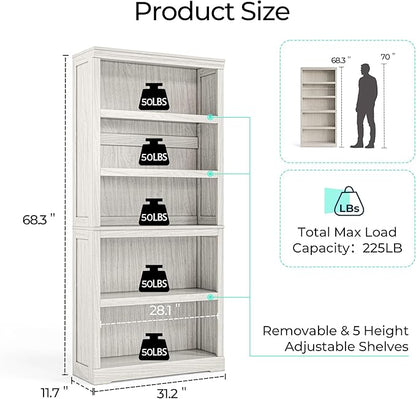LINSY HOME 5-Shelf Bookcase, Bookshelves Floor Standing Display Storage Shelves 68 in Tall Bookcase Home Decor Furniture for Home Office, Living Room, Bed Room - White Oak